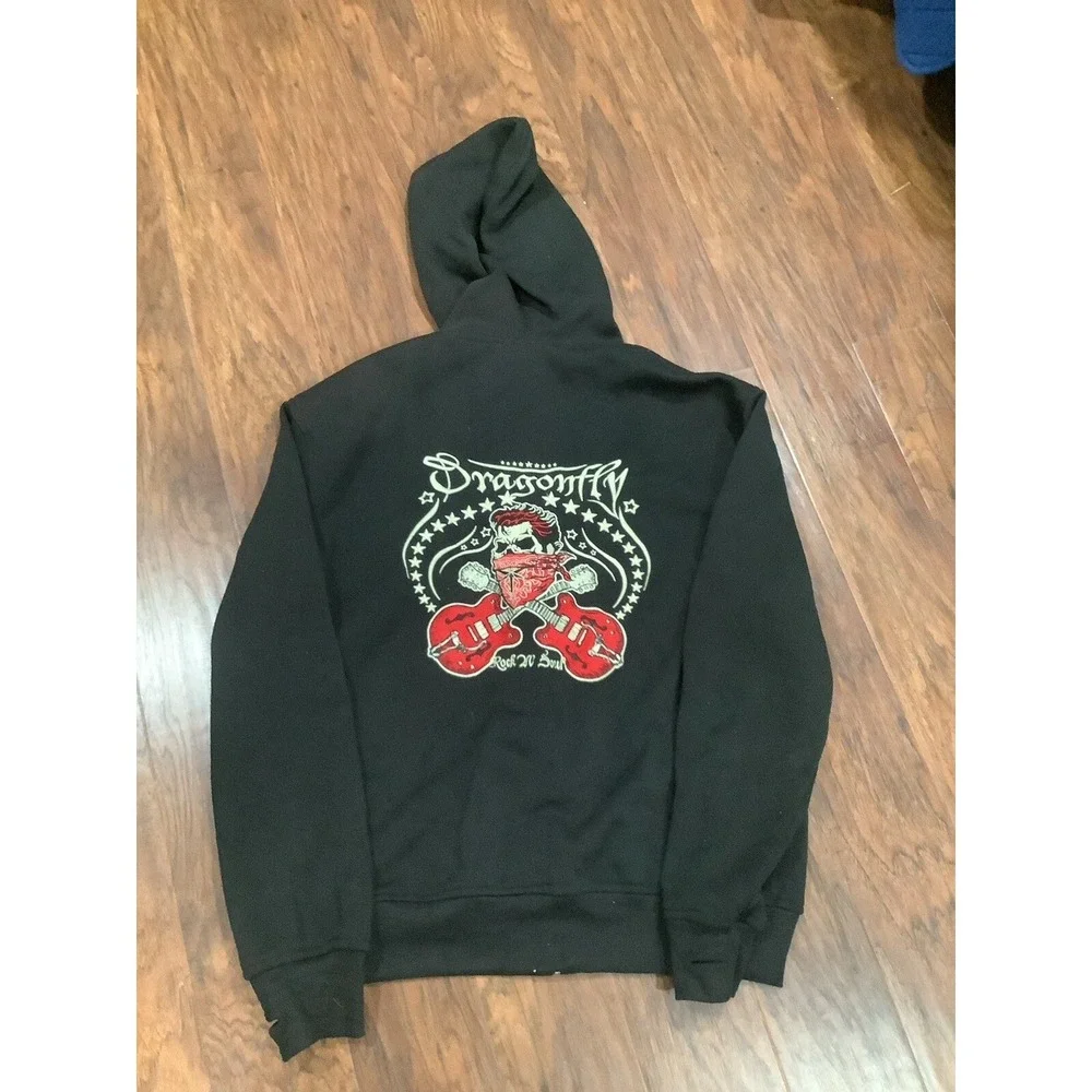Dragonfly Rock N' Soul Zip Up Hoodie Jacket Men's Black Size L Embroidered